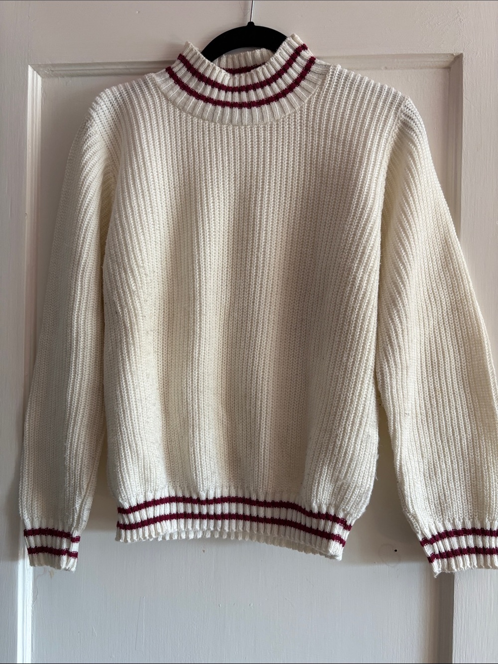 Cream Rib-Knit Turtleneck Sweater with Wine Stripe Trim